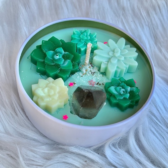 Succulent Garden Terrarium Candle with Smokey Quartz Crystal - Picture 6 of 8